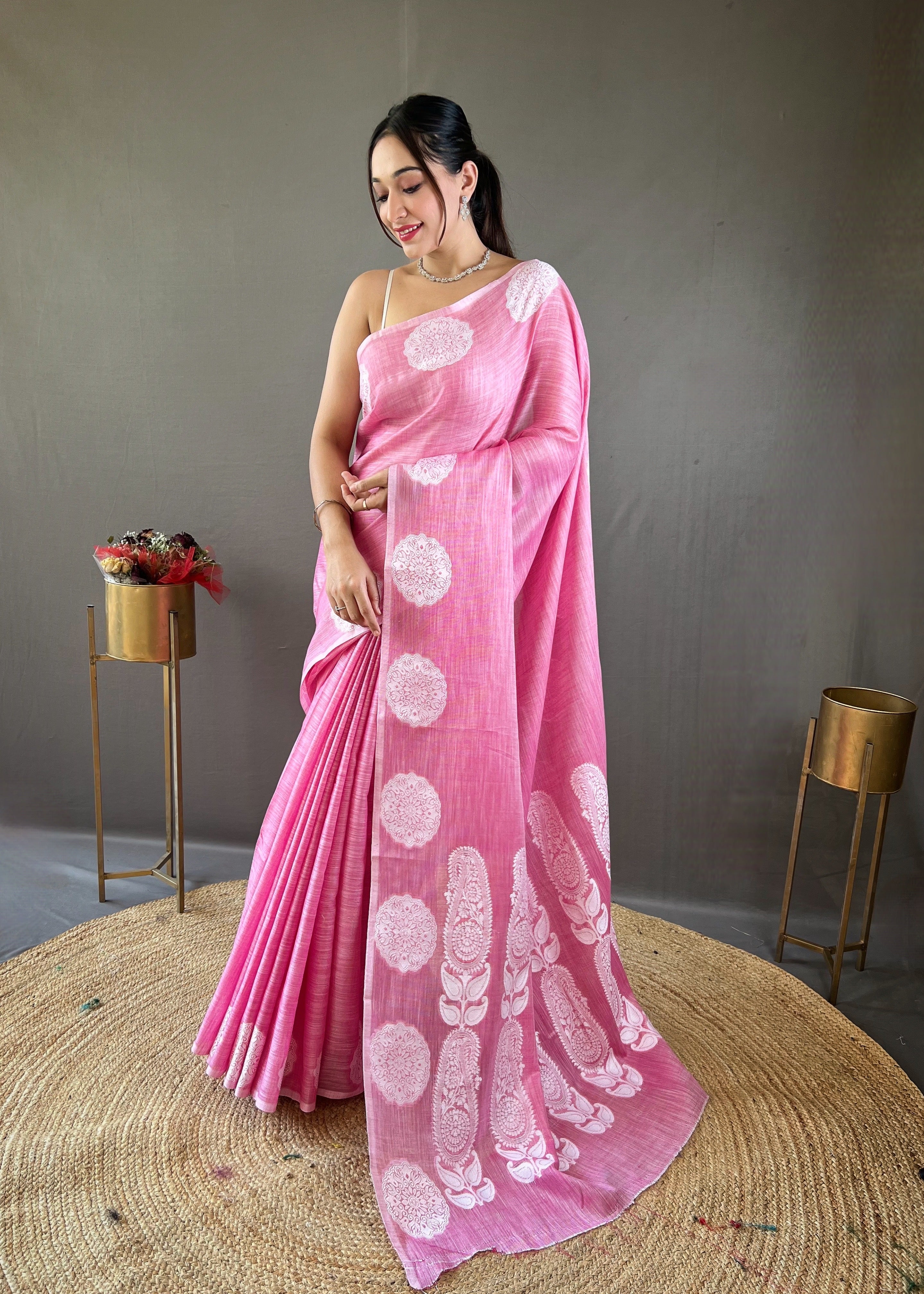 Regal Pink Color Lakhnavi Linen Saree