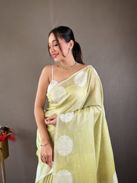 Splendid Pista Green Color Lakhnavi Linen Saree