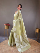 Splendid Pista Green Color Lakhnavi Linen Saree