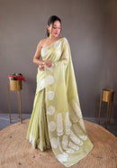 Splendid Pista Green Color Lakhnavi Linen Saree