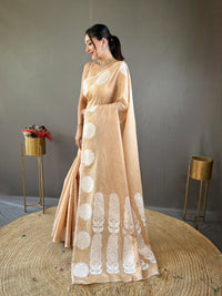 Glamorous Light Yellow Color Lakhnavi Linen Saree