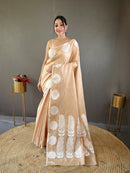 Glamorous Light Yellow Color Lakhnavi Linen Saree